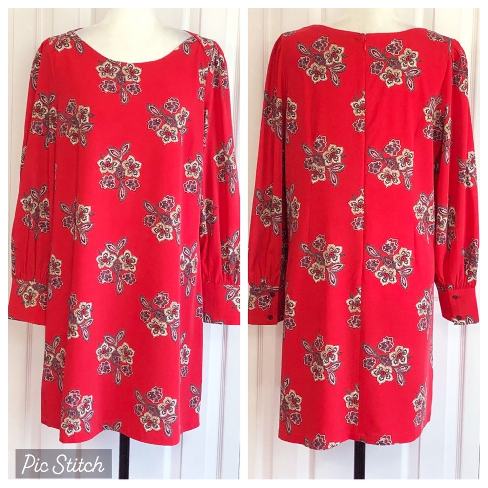LOFT Red Multi Floral Mandala Print Long Sleeve Mini Shift Dress 10